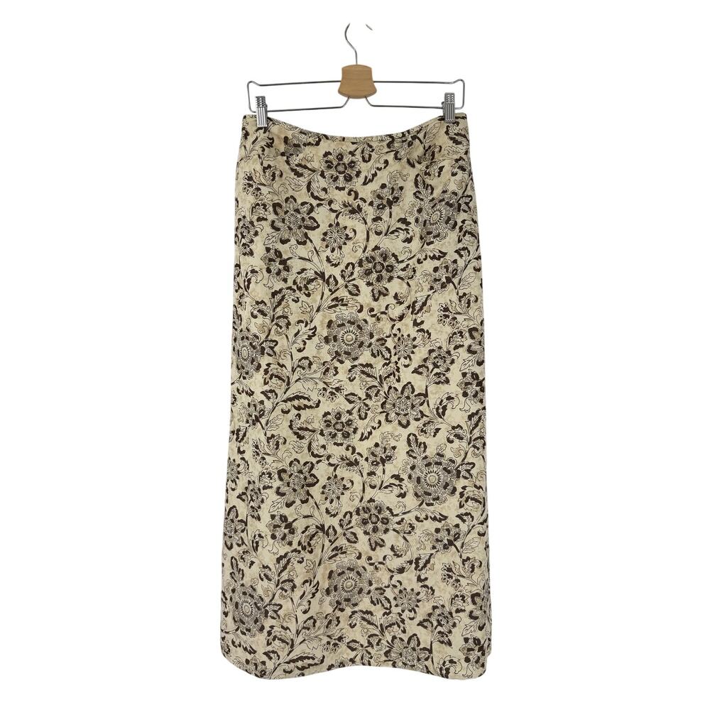 Sundance Womens Linen Silk Midi Straight Skirt Size 8 Cream Floral Boho Romantic